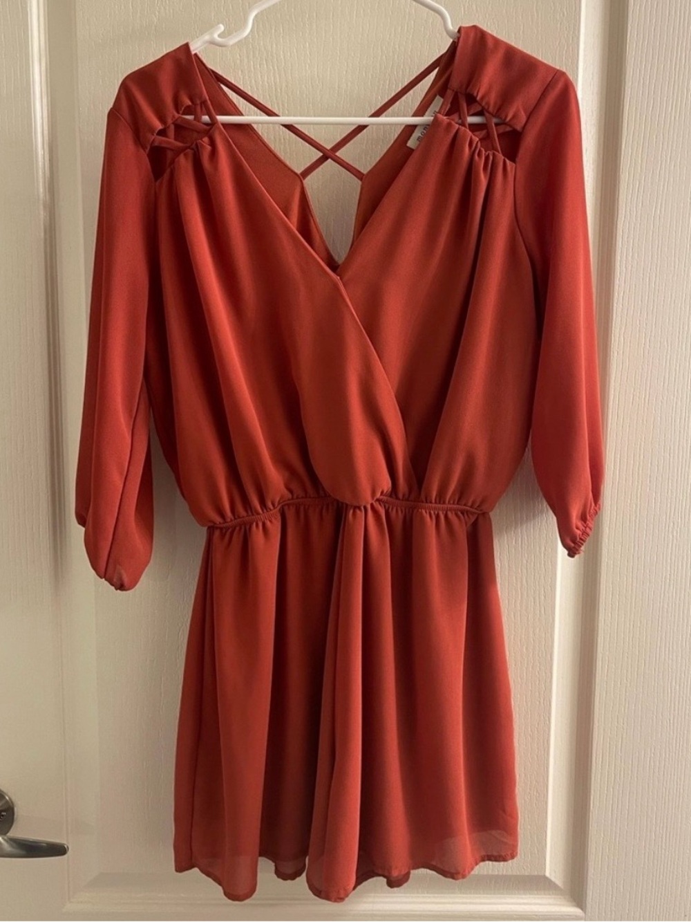 Monteau Rust Red Surplice Romper with Crisscross Back